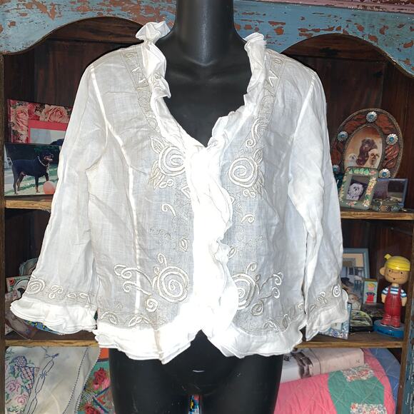NEIMAN MARCUS EXCLUSIVE BUTTON FRONT V-NECK RUFFLED EMBROIDERED LINEN BLOUSE M - Picture 1 of 8
